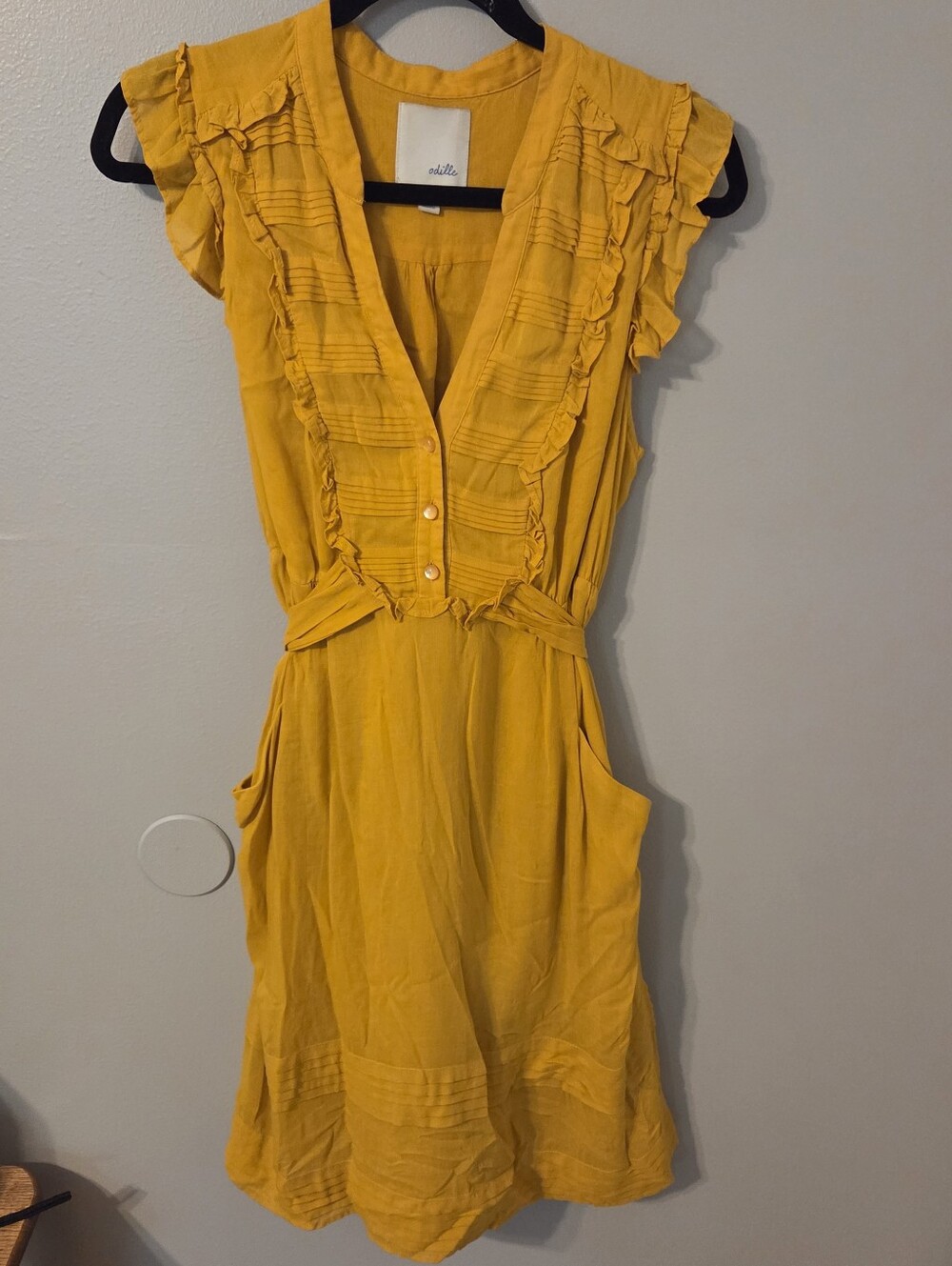 Odille Womens Yellow Pleated Ruffle Tier Hem Summer Dress Sz 4 - Picture 2 of 8